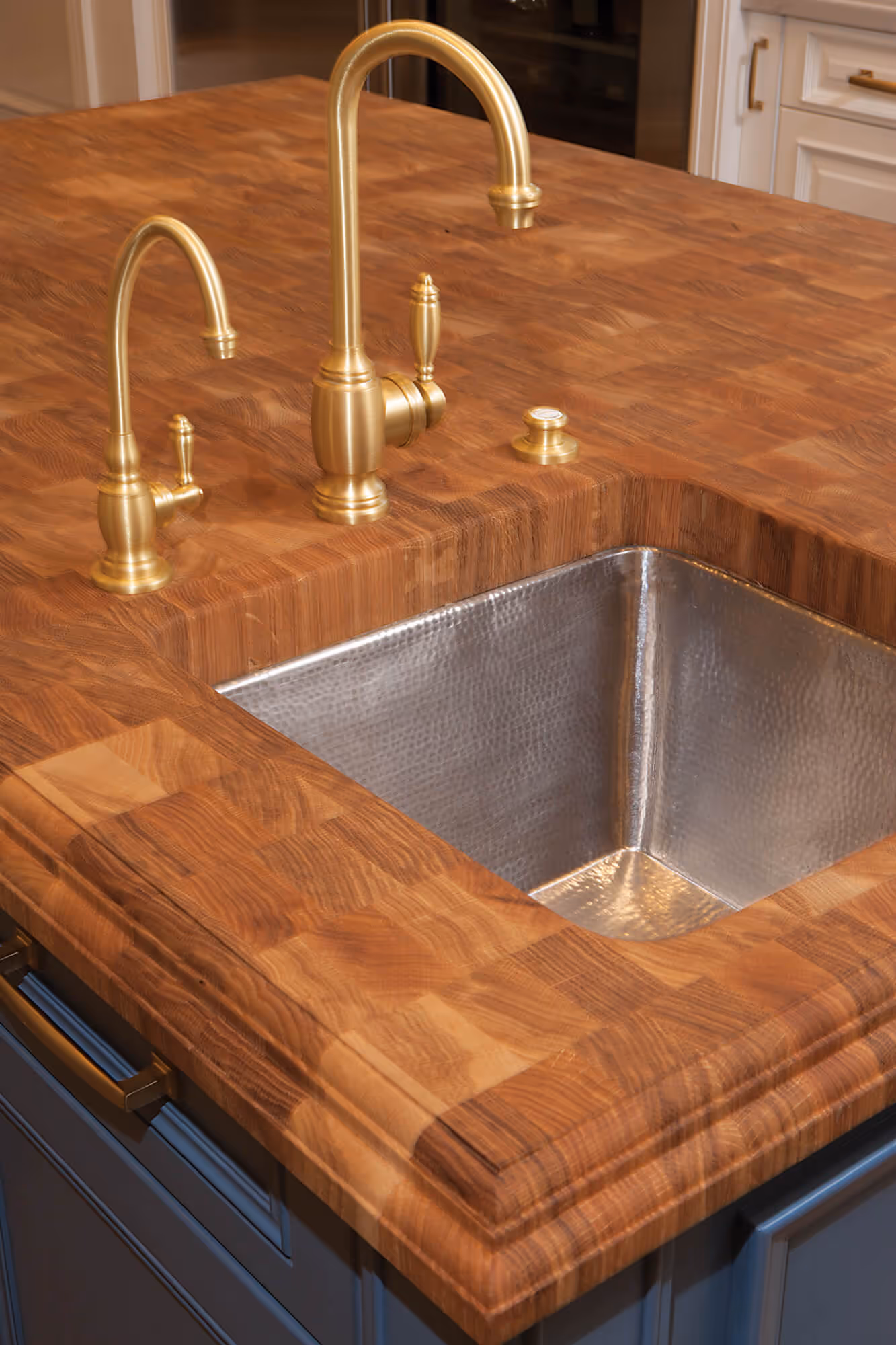 Formal Transitional Renovation in Paradise Valley, AZ | Kitchen Wood Countertop Gold Fixtures