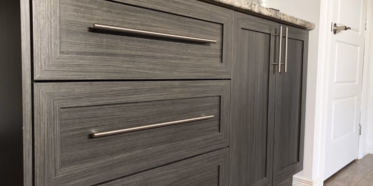 Sesshu grey wood finish on transitional cabinet | Sesshu Design Associates