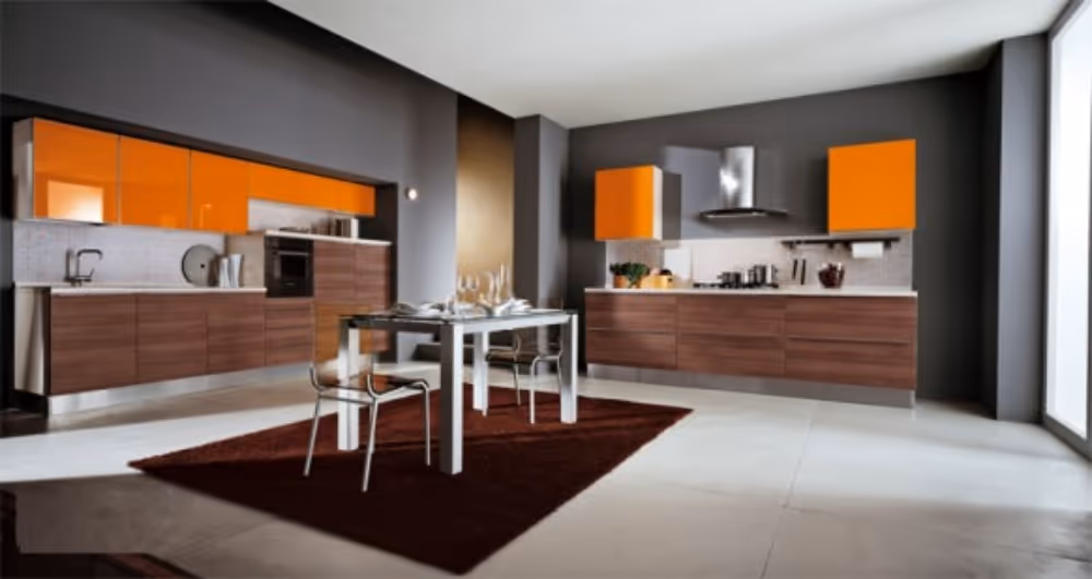 Wooden orange white grey kitchen dining combination modern furniture design idea | Sesshu Design Associates