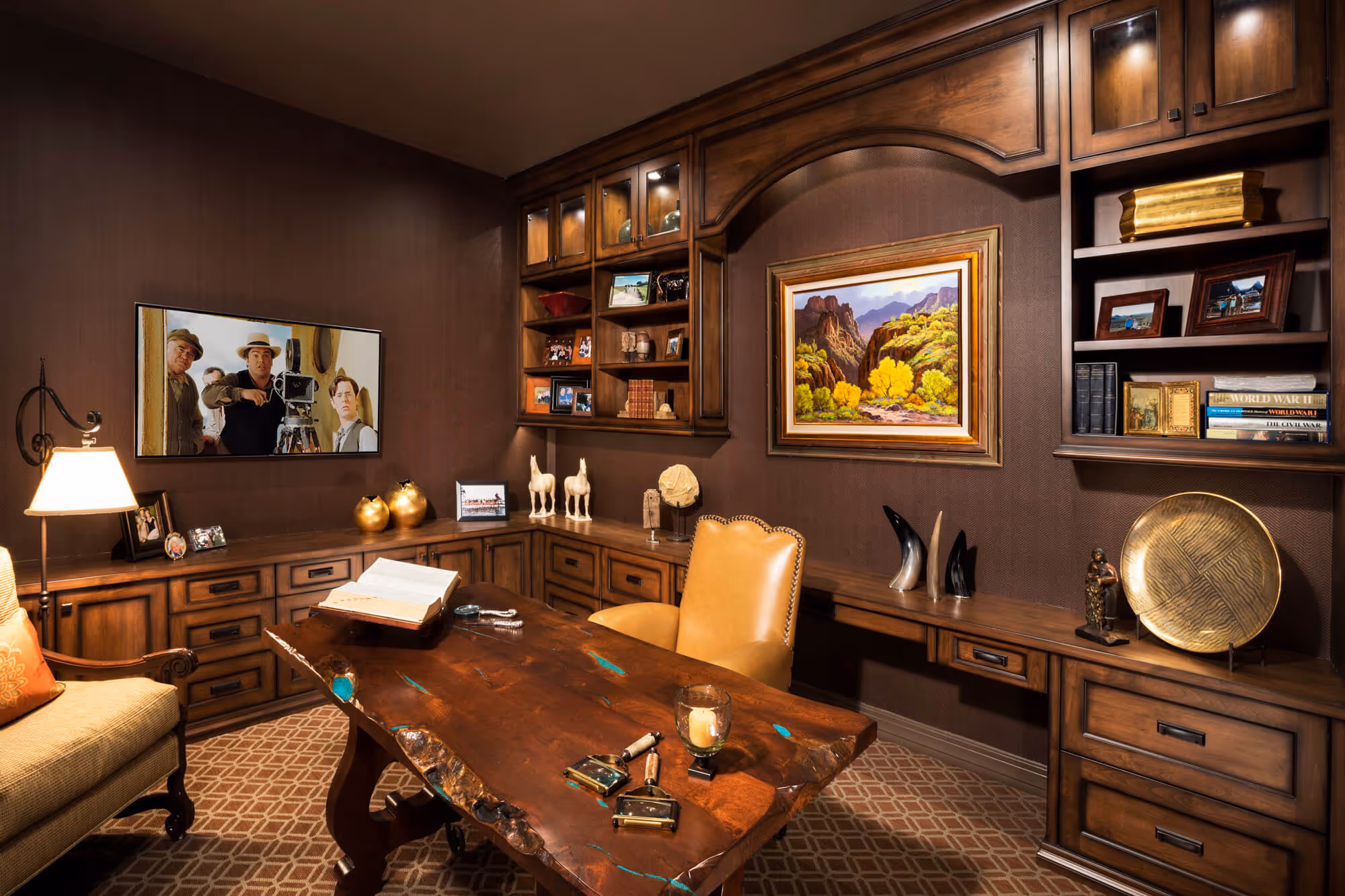 modern living room wooden table in the Transitional New Construction project by Sesshu Design Associates